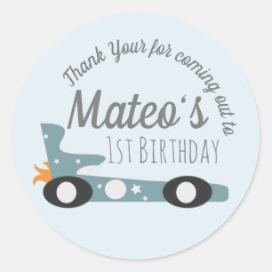 Retro-Rennwagen Mondsterne Erster Geburtstag   Kla Runder Aufkleber