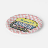 Retro Restaurant-Zeichen-50er Rosa-Checkered Pappteller (Schrägansicht)