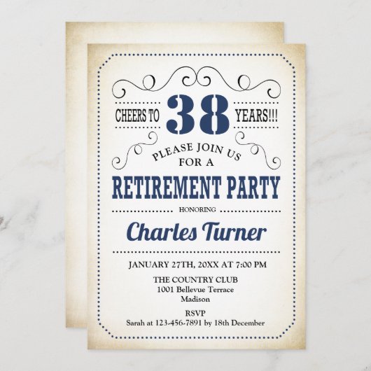 Retro Retirement Party - Navy Blue Creme White Einladung (Vorne/Hinten)