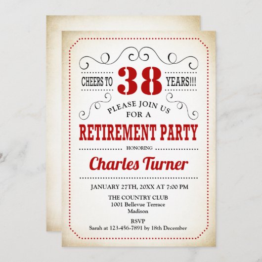 Retro Retirement Party - Red Creme White Einladung (Vorne/Hinten)
