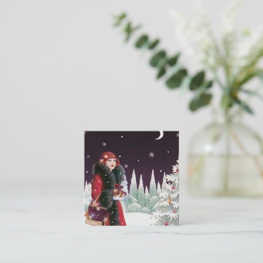 Retro-Retro Weihnachtsfrau Quadratische Visitenkarte (Stehend Vorderseite)