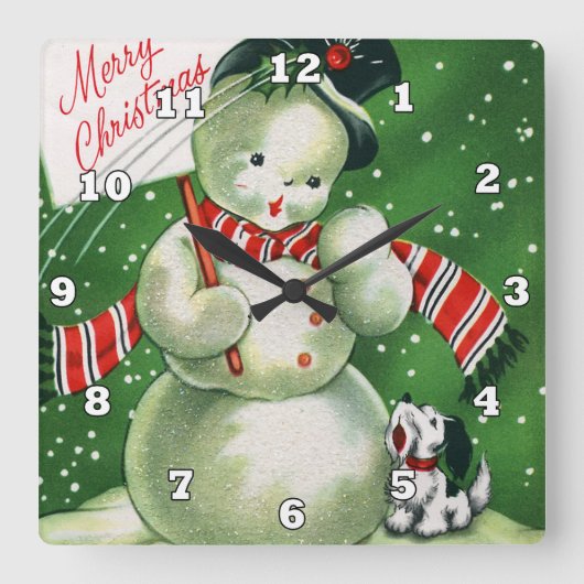 Retro-Retro Weihnachtsschneedekor Quadratische Wanduhr (Vorderseite)