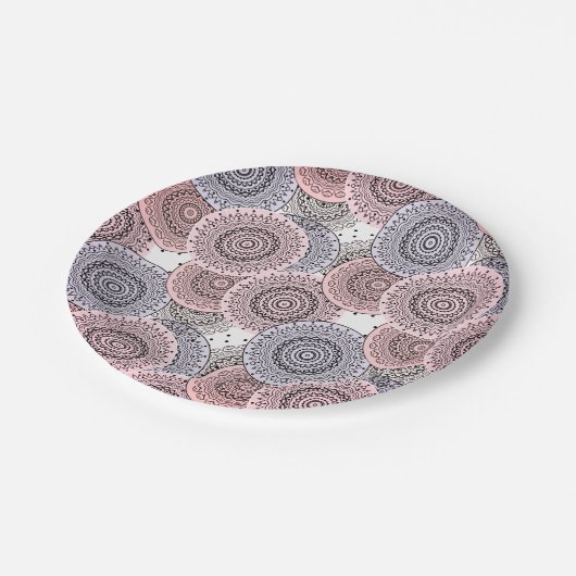 Retro, Retromuster, beige, grau, elegant Pappteller (Schrägansicht)