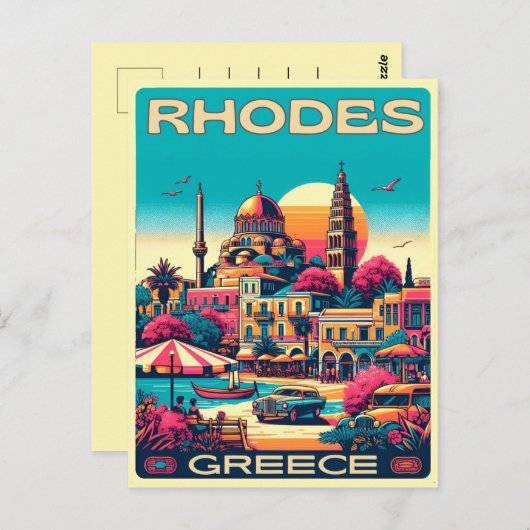 Retro Rhodes City - Griechenland - Feriengeschenke Postkarte (Vorne/Hinten)