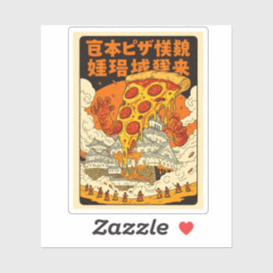 Retro-Riesen-Pizza-Monster greift Himeji-Schloss a Aufkleber