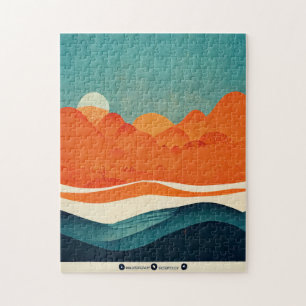 Retro River Landscape Illustration Orange Blue Puzzle