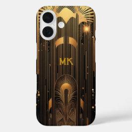 Retro Roaring 20's Art Deco Black Gold Monogram iPhone 16 Hülle