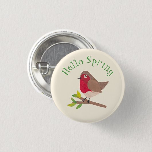 Retro Robin Hello Spring Niedlicher Personalisiert Button (Vorne & Hinten)