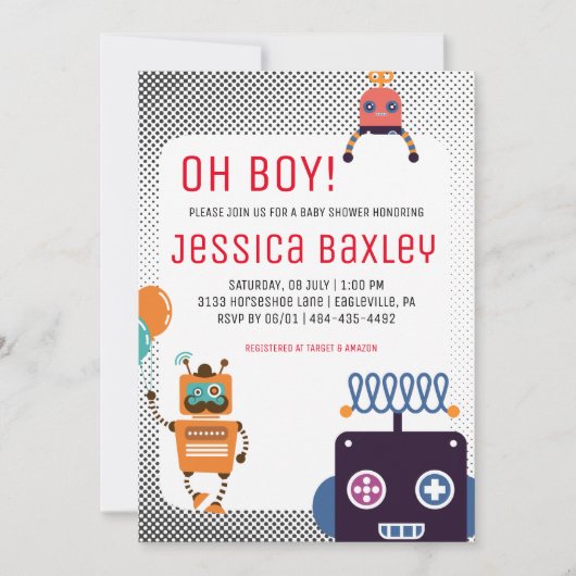 Retro Robot Baby Dusche Einladung (Vorderseite)