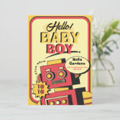 Retro Robot Baby Shower Einladung (Stehend Vorderseite)