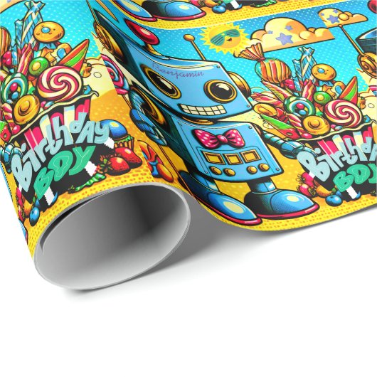 Retro Robot Birthday Boy anpassbar Geschenkpapier (Rolleneckpunkt)