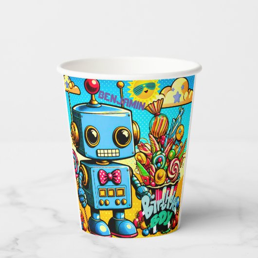 Retro Robot Birthday Boy anpassbar Pappbecher (Rückseite)