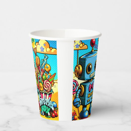 Retro Robot Birthday Boy anpassbar Pappbecher (Links)