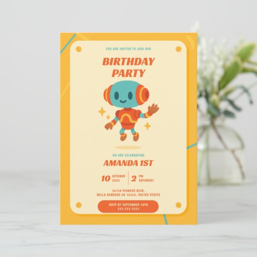 Retro Robot Birthday Einladung (Stehend Vorderseite)