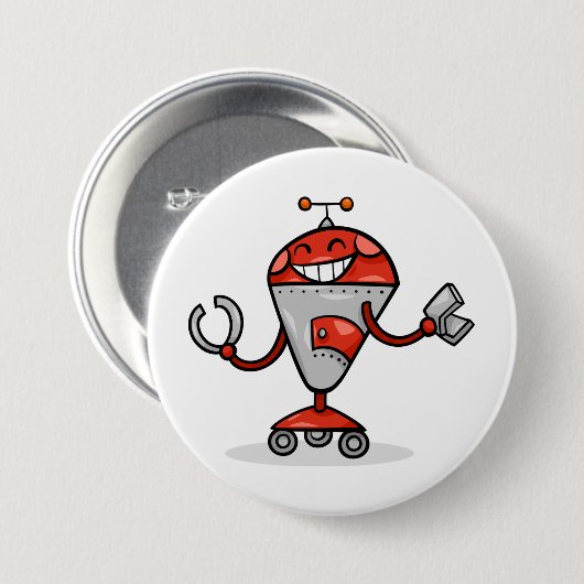 Retro Robot Cartoon Fun Red und Silver AI Bot Button (Vorne & Hinten)