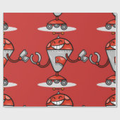 Retro Robot Cartoon Fun Red und Silver AI Bot Geschenkpapier (Flach)