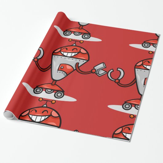 Retro Robot Cartoon Fun Red und Silver AI Bot Geschenkpapier (Ungerollt)