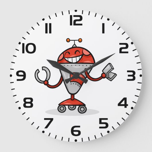 Retro Robot Cartoon Fun Red und Silver AI Bot Große Wanduhr (Vorderseite)