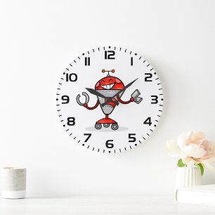 Retro Robot Cartoon Fun Red und Silver AI Bot Große Wanduhr