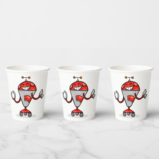 Retro Robot Cartoon Fun Red und Silver AI Bot Pappbecher