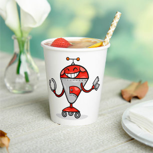 Retro Robot Cartoon Fun Red und Silver AI Bot Pappbecher