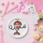 Retro Robot Cartoon Fun Red und Silver AI Bot Pappteller (Party)