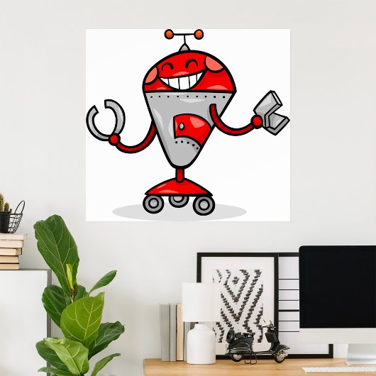 Retro Robot Cartoon Fun Red und Silver AI Bot Poster