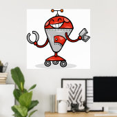 Retro Robot Cartoon Fun Red und Silver AI Bot Poster (Heimbüro)