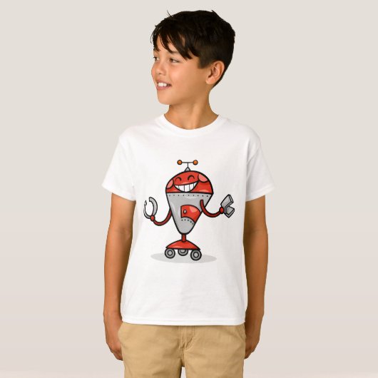 Retro Robot Cartoon Fun Red und Silver AI Bot T-Shirt (Vorne ganz)