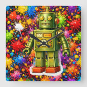 Retro robot colour burst square wall quadratische wanduhr (Vorderseite)