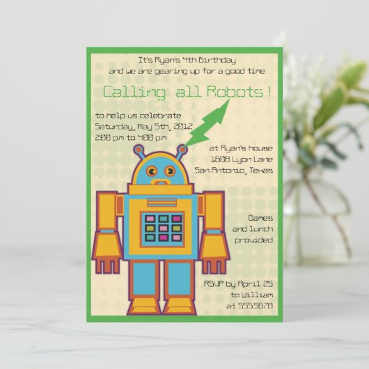 Retro Robot-Kindergeburtstag Einladung -3 (Stehend Vorderseite)