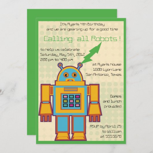 Retro Robot-Kindergeburtstag Einladung -3 (Vorne/Hinten)