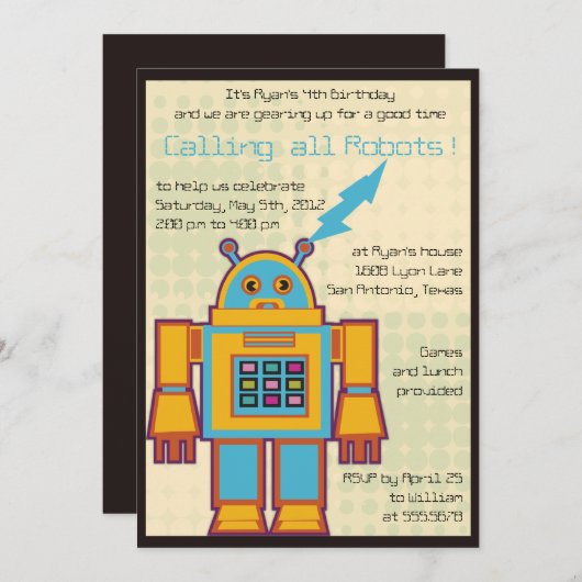 Retro Robot-Kindergeburtstag -Einladung -6 Einladung (Vorne/Hinten)