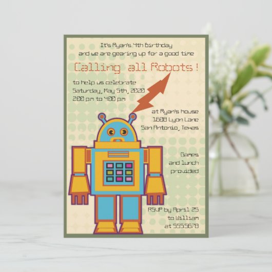 Retro Robot Kindergeburtstag Party Einladung (Stehend Vorderseite)