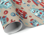 Retro Roboter Blau und Rot Gemustert Geschenkpapier (Rolleneckpunkt)