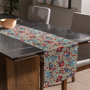 Retro Roboter Blau und Rot Gemustert Kurzer Tischläufer