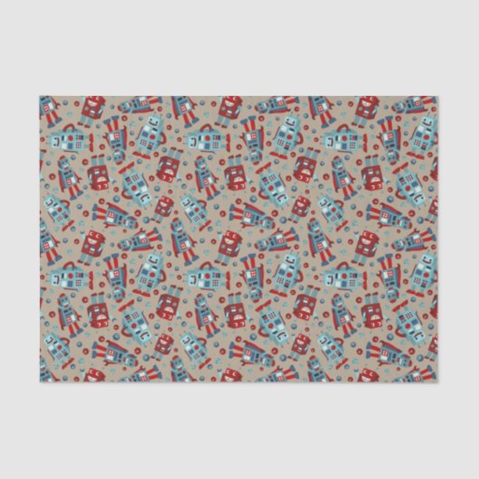 Retro Roboter Blau und Rot Gemustert Seidenpapier (Vorderseite)