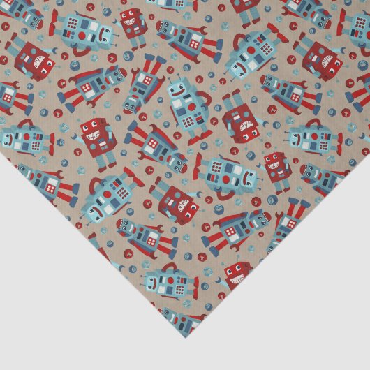 Retro Roboter Blau und Rot Gemustert Seidenpapier (Ausschnitt)