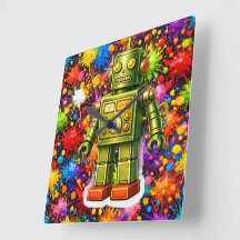Retro-Roboter-Farbexplosion-Wand im Quadratformat