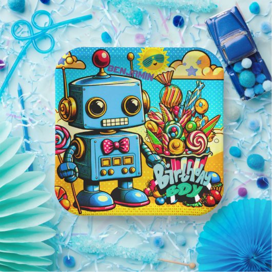 Retro-Roboter-Geburtstagsjunge anpassbar Pappteller (Party)