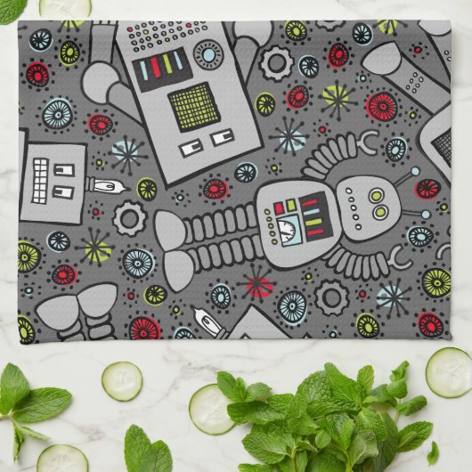 Retro Roboter Geschirrtuch (Gefaltet)