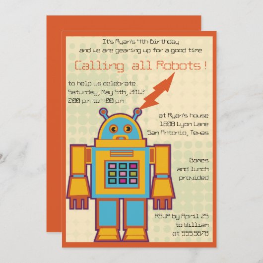 Retro-Roboter-Kindergeburtstag-Einladung -4 Einladung (Vorne/Hinten)