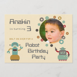 Retro-Roboter-Party-Geburtstags-Einladungsfoto Einladung