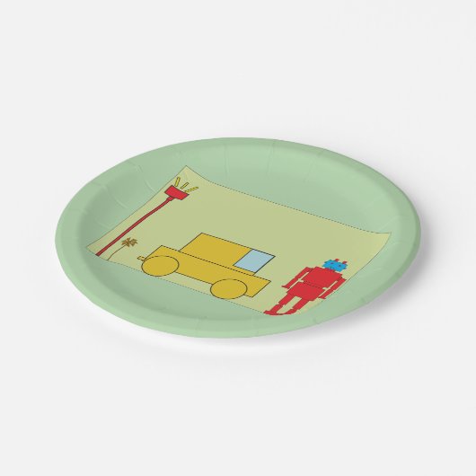 Retro-Roboter und -Autos Pappteller (Schrägansicht)