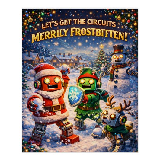 Retro-Roboter-Weihnachts-Schneeballkampf-Gruß Poster (Vorderseite)
