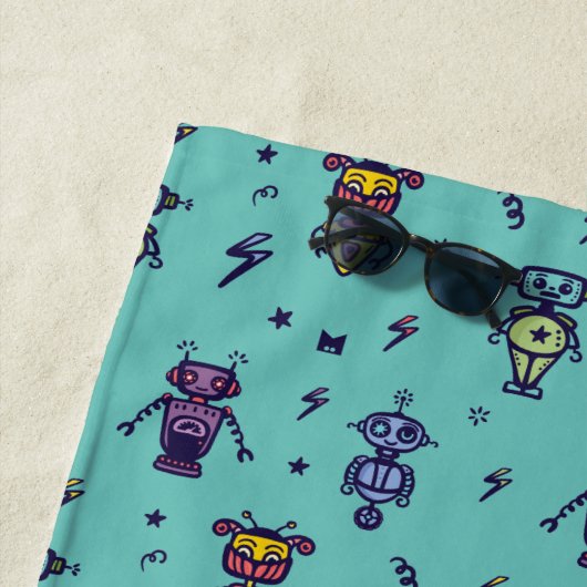Retro Robotic Roboter farbiges blaues Muster Strandtuch (Beispiel)