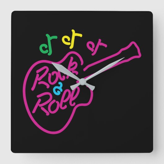 Retro Rock and Roll Neon Sign Guitar and Notes Quadratische Wanduhr (Vorderseite)