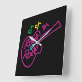 Retro Rock and Roll Neon Sign Guitar and Notes Quadratische Wanduhr (Winkel)