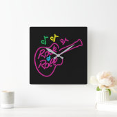 Retro Rock and Roll Neon Sign Guitar and Notes Quadratische Wanduhr (Zuhause)