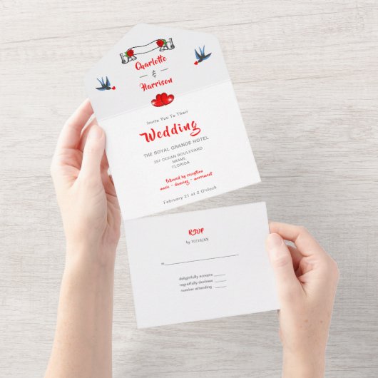 Retro Rockabilly 1950er Jahre Elegante Vögel und H All In One Einladung (Abreißen)